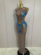 Luxury Sparkly Rhinestones Nude Sexy Mesh Maxi Dress 2025Women Evening Birthday Party Elegant Gown Show Red carpet Stage Costume